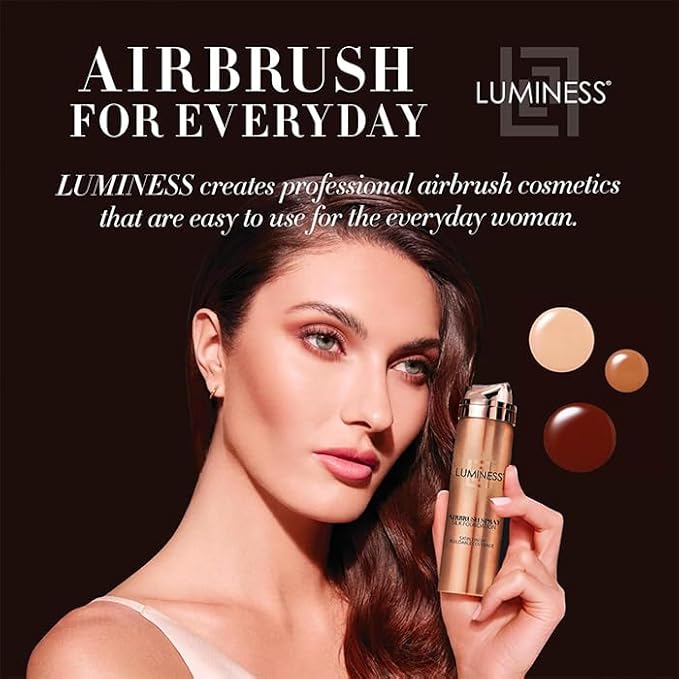 LUMINESS Silk Airbrush Spray Foundation & Buffing Brush Kit – Full Coverage Foundation & Dual-Sided Buffing Brush - Buildable Coverage, Anti-Aging Formula Hydrates & Moisturizes (Shade - Deep Dark)