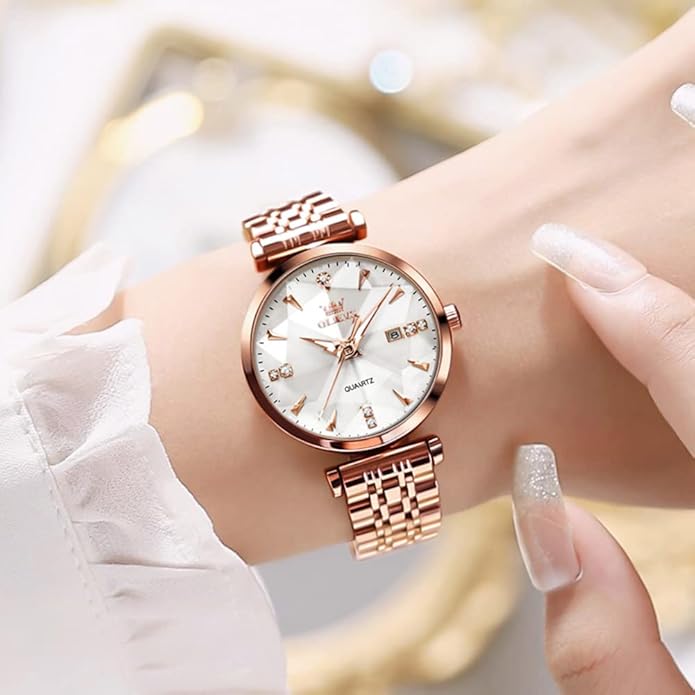 OLEVS Women Watches Simple Dress Ladies Watch Rose Gold Stainless Steel Watch Waterproof Quartz Date Luxury Diamond Small Wristwatch Fashion Analog Female Reloj Mujer Blue White Green Red Yellow Face