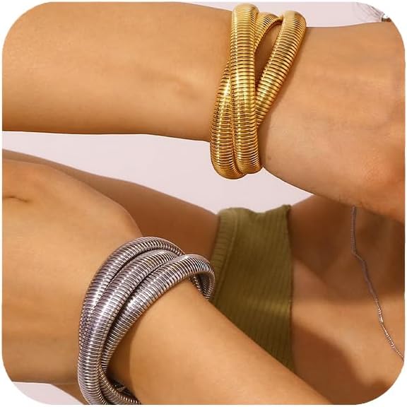 MISS RIGHT Gold Chunky Stretch Snake Chain Bangle Bracelets Stack for Women Trendy, 18K Gold Filled Stainless Steel Stretchy Womens Stackable Wristband Bangles Bracelet Set