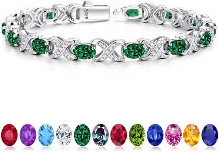 Iefil Oval Birthstone Tennis Bracelets for Women Wife, Unique X O Design Fine Jewelry Valentine's Day Gift Anniversary Birthday Gift 925 Sterling Silver Birthstone Jewelry for Mom Girlfriend Her