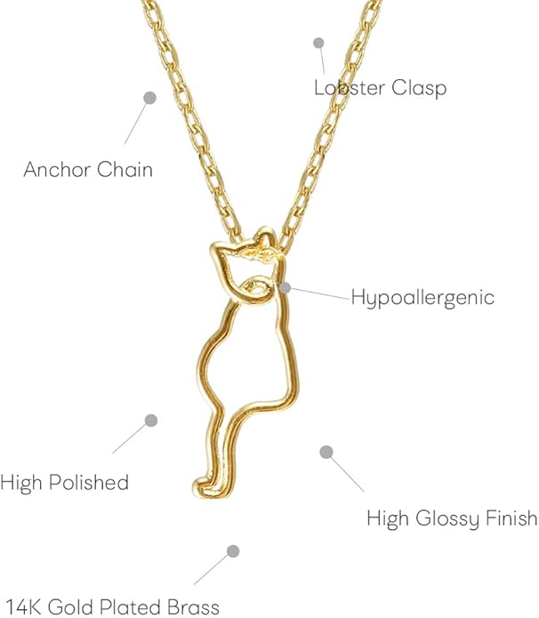 Cat Outline Necklace for Women, MUSTHAVE 18K Gold Plated Simple Line Cat Necklace, Minimalist Line Art Animal Pendant, Dainty Nature Inspired Jewelry, 16+2" Chain, Message Card, Birthday, BFF, Unisex (Yellow Gold)