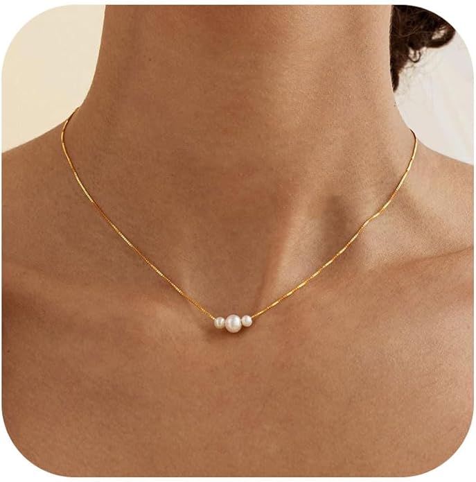 Valentines Day Gifts for Her - 14K Gold Plated Pearl Necklaces for Women Trendy Dainty Necklace Simple Layered Pearl Necklaces for Women Trendy Wedding Birthday Valentines Jewelry