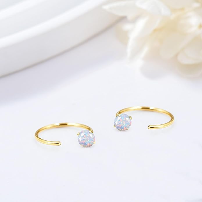 14K Gold Birthstone Huggie Half Hoop Earrings for Women,Round-cut Created Gemstone Minimalist Tiny Earring(4MM*2) Anniversary Birthday Mother's Day Jewelry for Mom Her