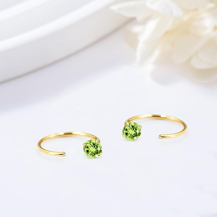 14K Gold Birthstone Huggie Half Hoop Earrings for Women,Round-cut Created Gemstone Minimalist Tiny Earring(4MM*2) Anniversary Birthday Mother's Day Jewelry for Mom Her