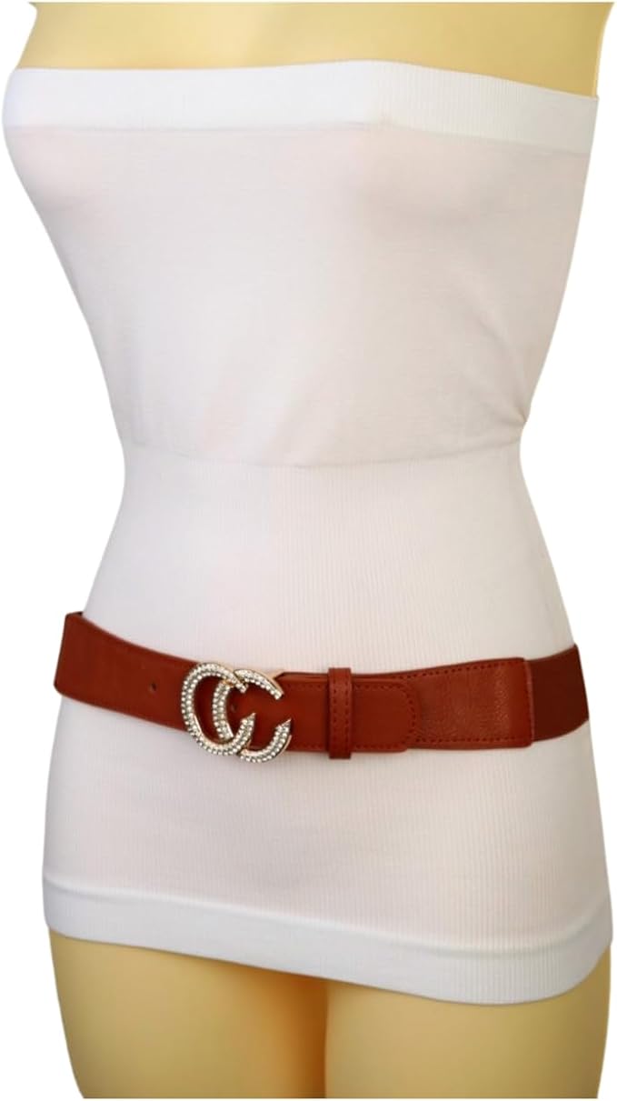 Women's Brown Faux Leather Stretch Waist Belt – Chic Rhinestone CC Buckle – Skinny Adjustable Fashion Accessory – Size S/M – WB30