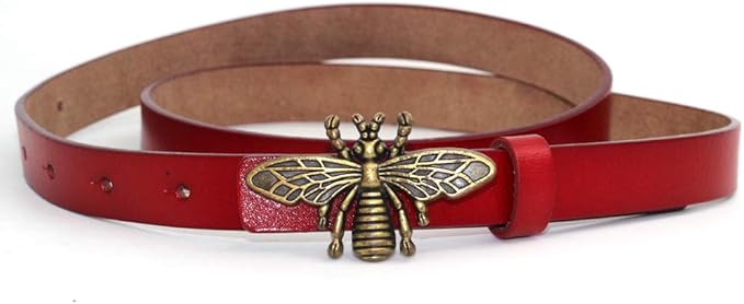 Women's 0.7″Thin Vintage Copper Bee Buckle Leather Belts Casual Dress Belts