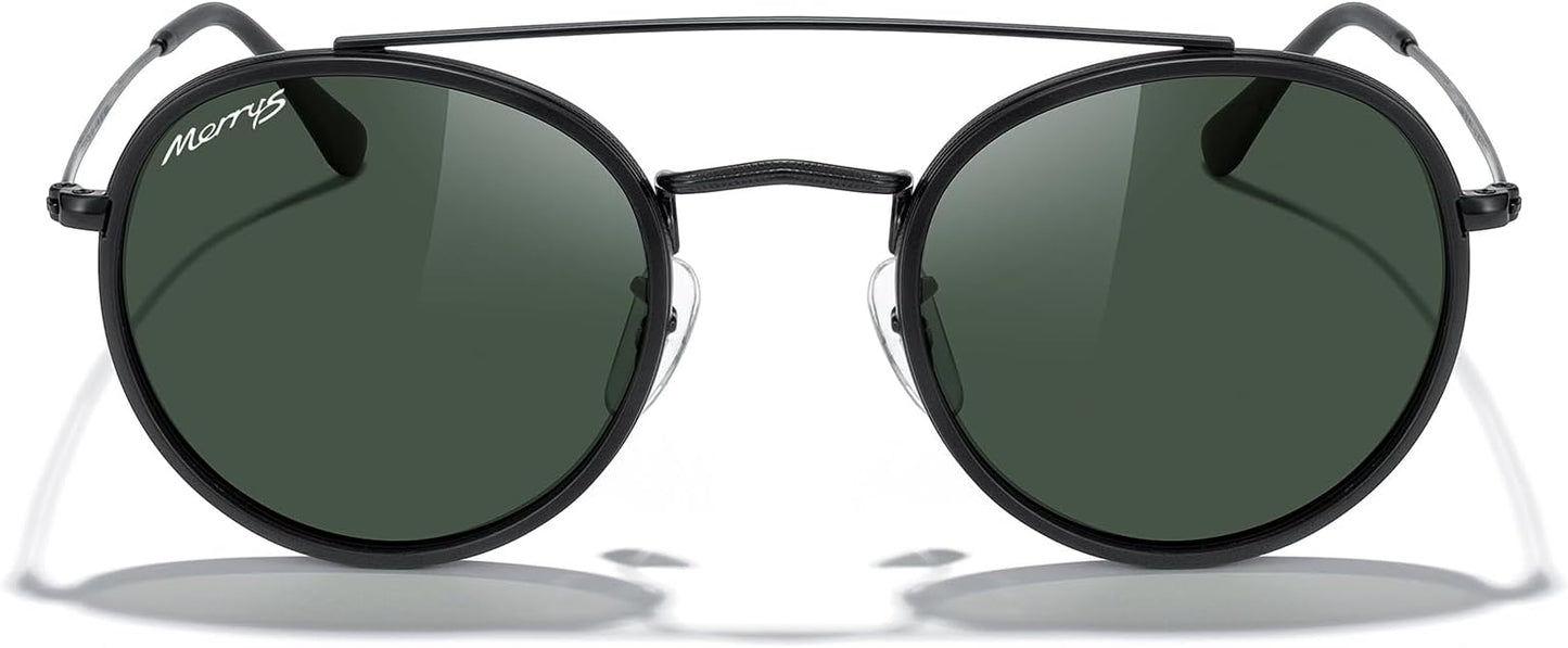 MERRY'S Retro Round Polarized Sunglasses - Unisex Double Bridge Sun Glasses