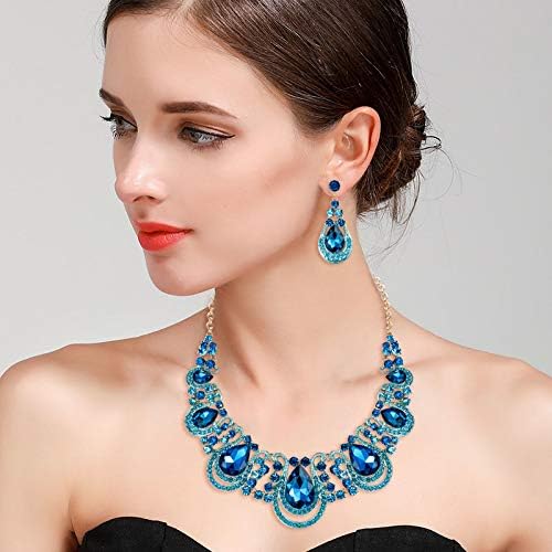 BriLove Women's Costume Fashion Crystal Teardrop Hollow Scroll Statement Necklace Dangle Earrings Set