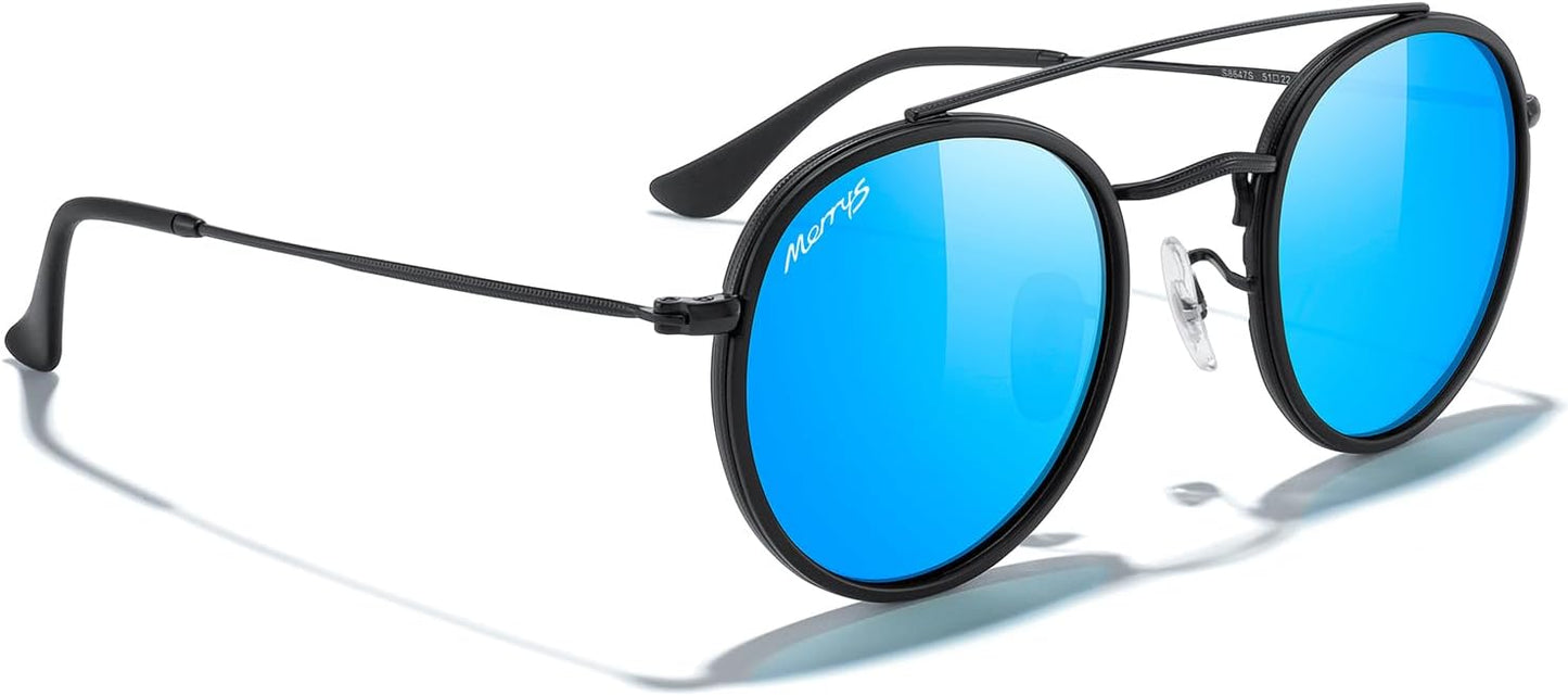 MERRY'S Retro Round Polarized Sunglasses - Unisex Double Bridge Sun Glasses