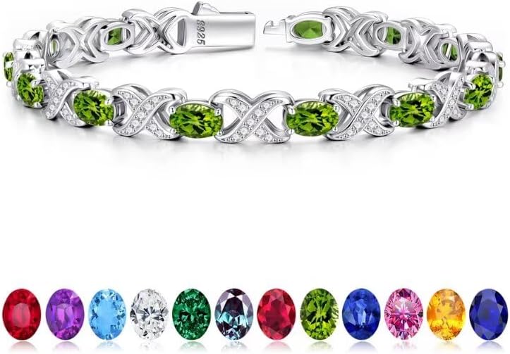 Iefil Oval Birthstone Tennis Bracelets for Women Wife, Unique X O Design Fine Jewelry Valentine's Day Gift Anniversary Birthday Gift 925 Sterling Silver Birthstone Jewelry for Mom Girlfriend Her