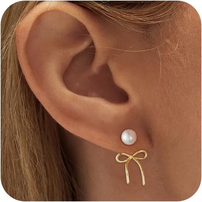 ASCOMY Gold Stud Earrings for Women - Dainty Bow 14K Gold/Silver Plated Pearl Earrings - Trendy Cute Ribbon Minimalist Jewelry Gifts for Her