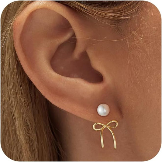 ASCOMY Gold Stud Earrings for Women - Dainty Bow 14K Gold/Silver Plated Pearl Earrings - Trendy Cute Ribbon Minimalist Jewelry Gifts for Her