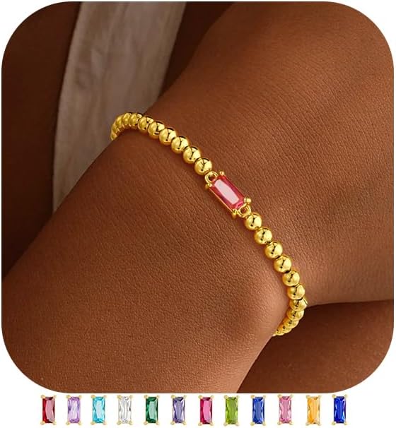 Yoosteel Dainty Birthstone Bracelet for Women - Elastic 14K-Gold-Plated Bead Bracelets Trendy Friendship Birthday Jewelry Gifts for Women