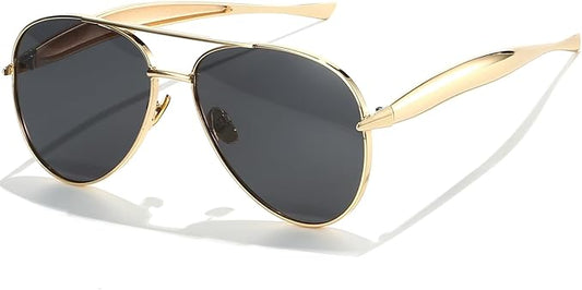 AIEYEZO Gold Aviator Sunglasses for Women Men Oversized Thick Frame Sun Glasses Fashion Retro Sardine Pilot Shades