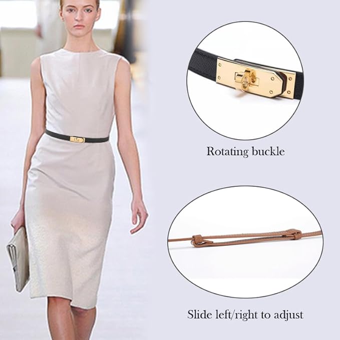 Women's Skinny Leather Belt with Adjustable Silver Turn-Lock Buckle - Ideal for Dresses, Jeans, and Coats, Black