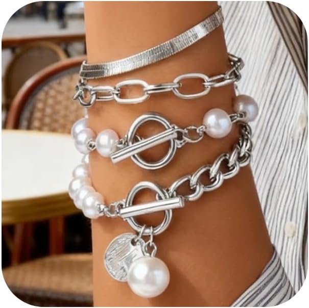 14K Gold OT Buckle Coin Pearl Paperclip Stacked Bracelet Set for Women, Statement Snake Pearl Paper Clip Bracelets Stack Dainty Prom Party Jewelry Gift