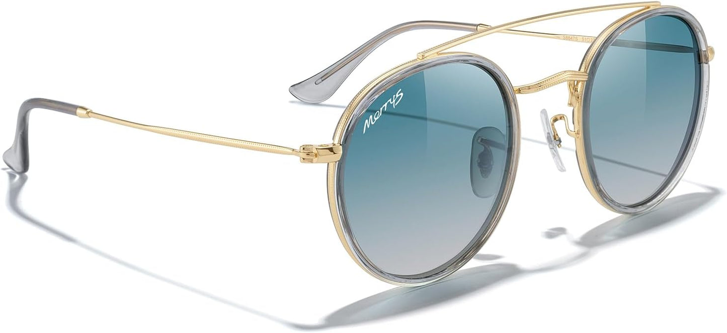 MERRY'S Retro Round Polarized Sunglasses - Unisex Double Bridge Sun Glasses