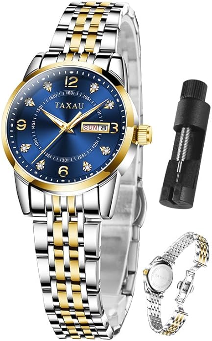Gold Silver Two Tone Women Stainless Steel Watch Small Wrist ElegantDress Watch for Women Fashion Luxury Waterproof Day Date Analog Quartz Ladies Watches