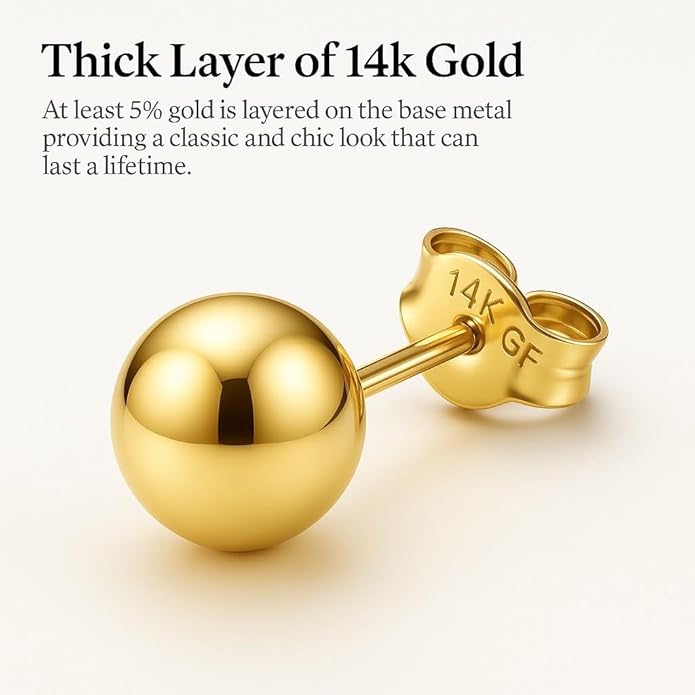Kezef 14K Gold Filled Ball Stud Earrings for Women - Thick 14K Gold Layer, Hypoallergenic for Sensitive Ears, Round Studs | 3mm-9mm