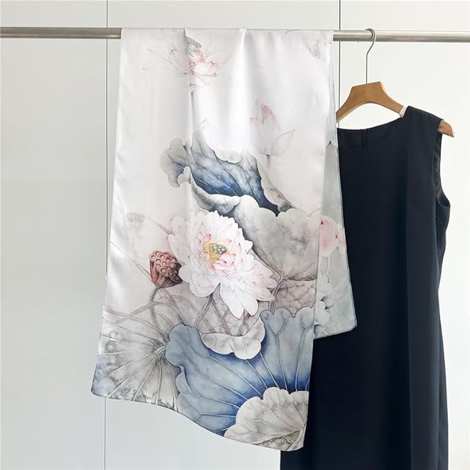 100% Mulberry Silk Scarfs for Women Floral Print Satin Long Scarf for Headscarf Hair Wraps Shawl with Gift Packed