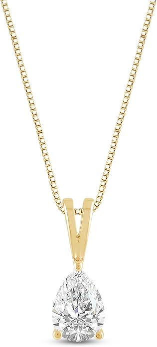 Everyday Elegance Solid 14K Gold Cubic Zirconia Solitaire Pendant Necklace for Women Heart, Princess, Round, Oval, Emerald, Pear & Cushion Cut 1 or 2 CTW | .60mm Thick 16" 18" Length Box Link Chain