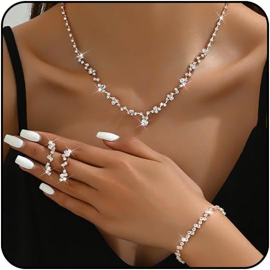 Wedding Jewelry Sets for Brides Silver Rhinestone Necklaces Earring Bracelet Set Wedding Sets for Women Prom Jewelry Sets for Women