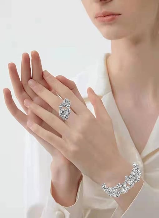 Jewelry Set for Women, Statement Necklace Dangle Earrings Bracelet Ring, White/KC Gold Plated Jewelry Set with Rhinestone Pearl Crystal Wedding Party Jewelry for Bridal Bridesmaid