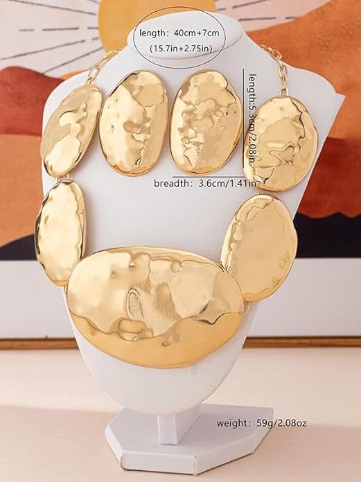 Gold Statement Necklace and Earring Set,Hammered Long Big Pendant Chunky Necklaces and Earrings Extra Large Long Accessories for Women Trendy Jewelry Set Gifts