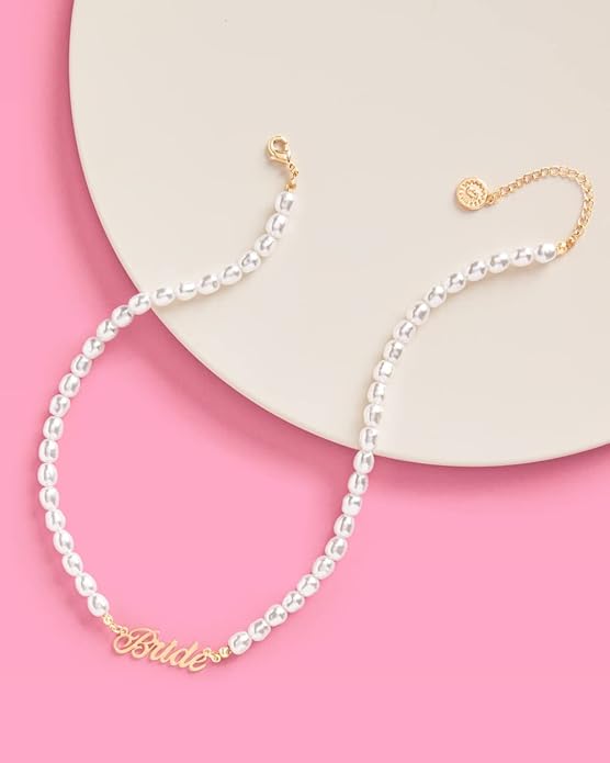 xo, Fetti Bride Pearl Beaded Necklace, 16" Choker, Bride Gold Nameplate | Bachelorette Party Decorations, Bridesmaid Gift, Bridal Shower, Wedding