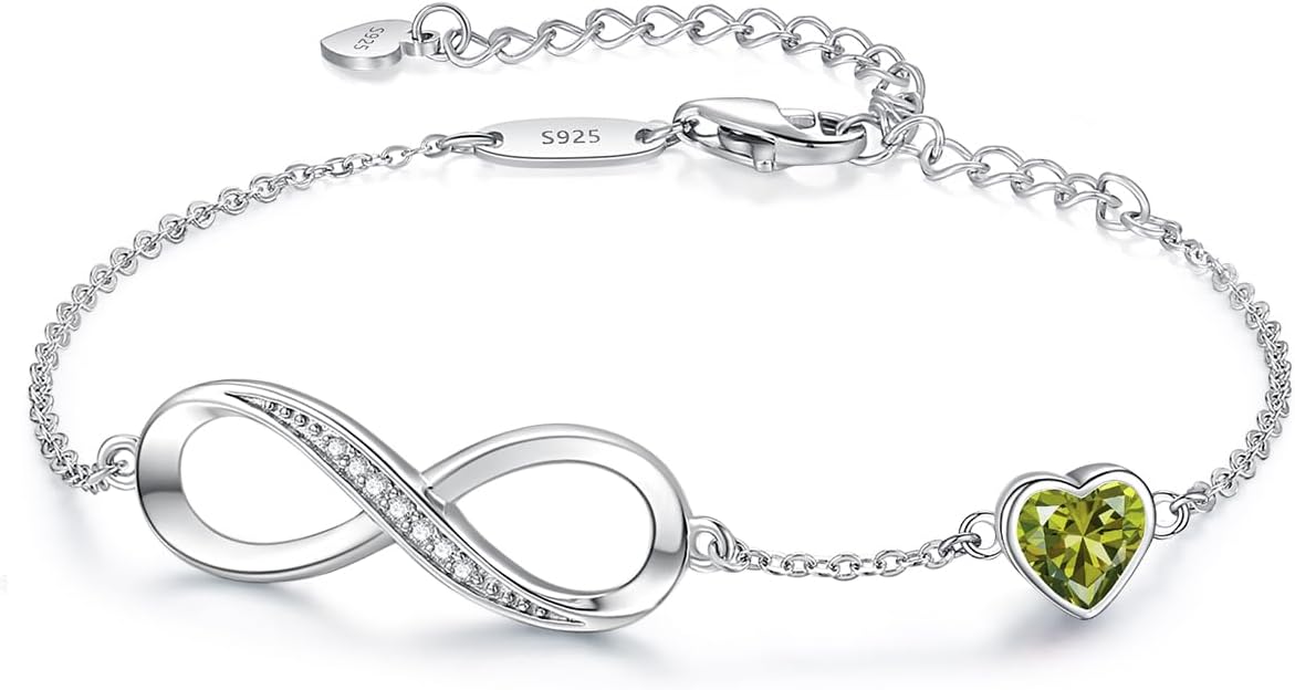 CDE Infinity Heart Birthstone Charm Link Bracelet for Women 925 Sterling Silver Adjustable Mother's Day Christmas Day Gift Anniversary Birthday Jewelry for Wife Girlfriend Her