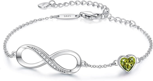 CDE Infinity Heart Birthstone Charm Link Bracelet for Women 925 Sterling Silver Adjustable Mother's Day Christmas Day Gift Anniversary Birthday Jewelry for Wife Girlfriend Her
