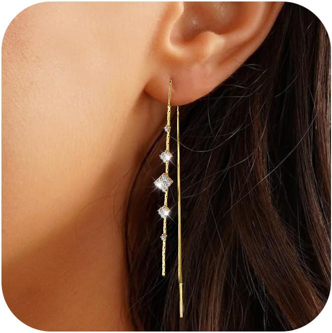 925 Sterling Silver Threader Dangle Earrings for Women - Long Earrings Dangle Chain Drop Earrings Dangling, Dainty Elegant Dangly Ear Chain with Tassel and Cubic Zirconia for Prom Wedding Trendy Jewelry Accessories