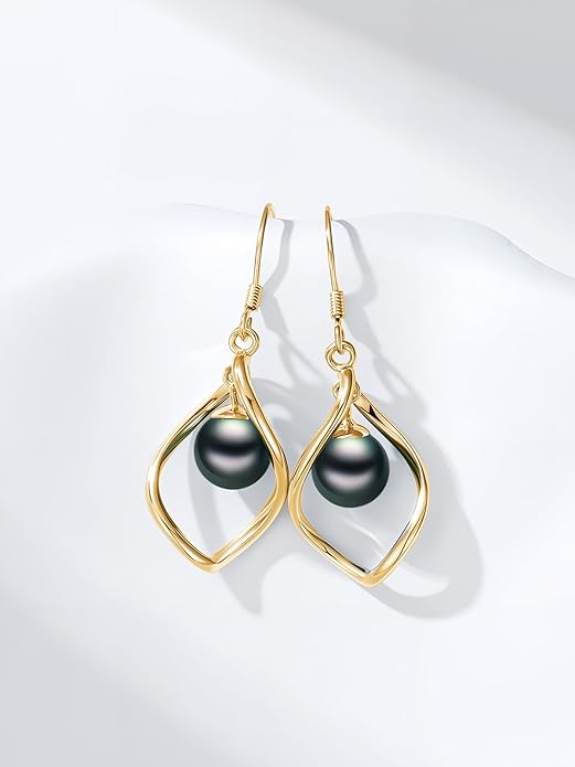 Tahitian Black Pearl AAAA 18K Gold Plated Sterling Silver Dangle Drop Earrings for Women Wife Mom Girlfriend Valentine Her Jewelry Gift for Anniversary Birthday Christmas
