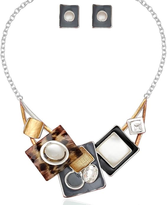 CSY Fashion Boho Oval Crystal Opals Statement Bib Necklace Earrings Bohemian Enamel Costume Jewelry Set Gifts for Women