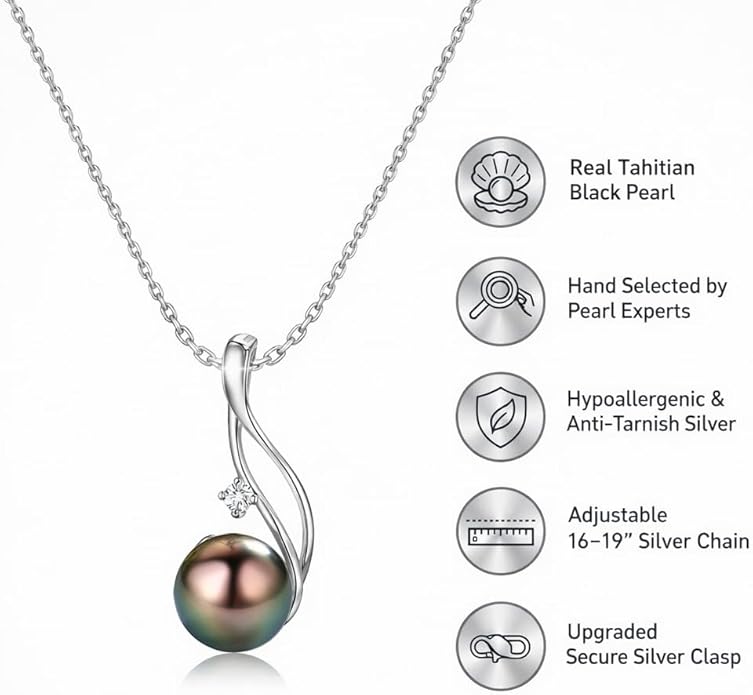 Birthday Gifts for Women - Black Pearl Necklaces for Women - Real 18K Gold Over Sterling Silver - Elegant Tahitian Black Pearl Jewelry - Anniversary·Gifts for Women - Christmas Gifts for Wife, Girlfriend, Her, Mom