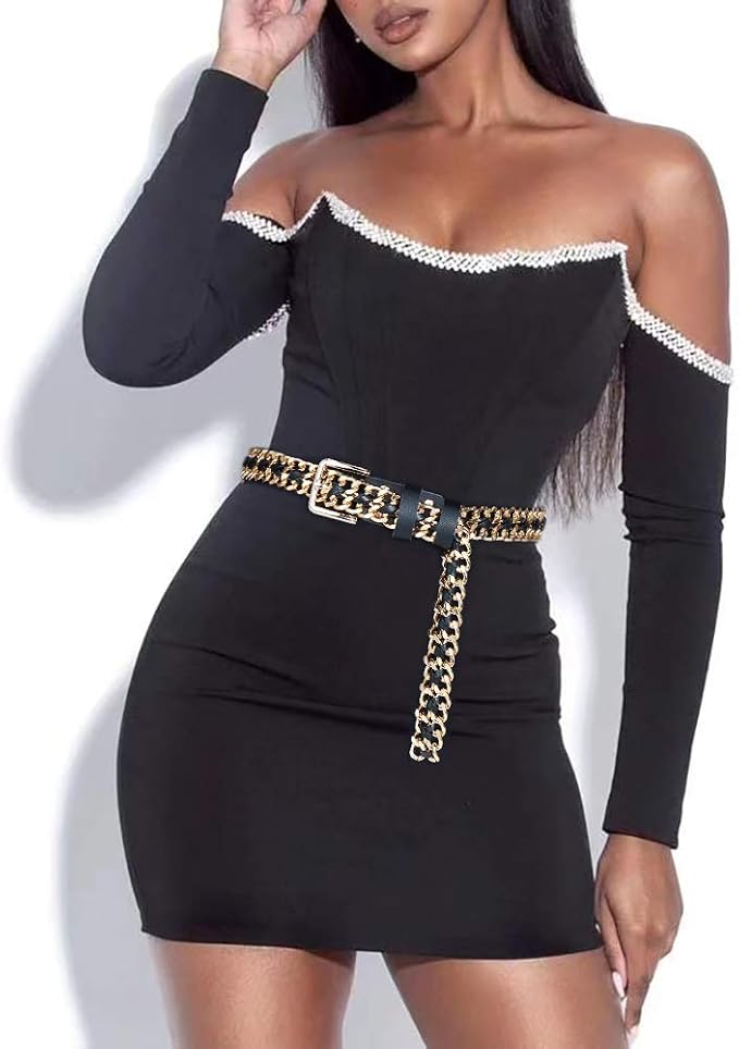 Glamorstar Gold Metal Punk Belts Leather Chain Waist Belt for Women Dresses