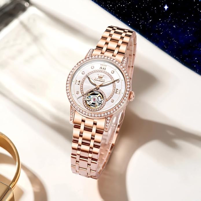 OLEVS Women’s Watch Automatic Diamond Tourbillon Luxury Fashion Stainless Steel Waterproof Luminous Wrist Watches for Ladies Gift Rose Gold/Starry Sky Blue/Silver