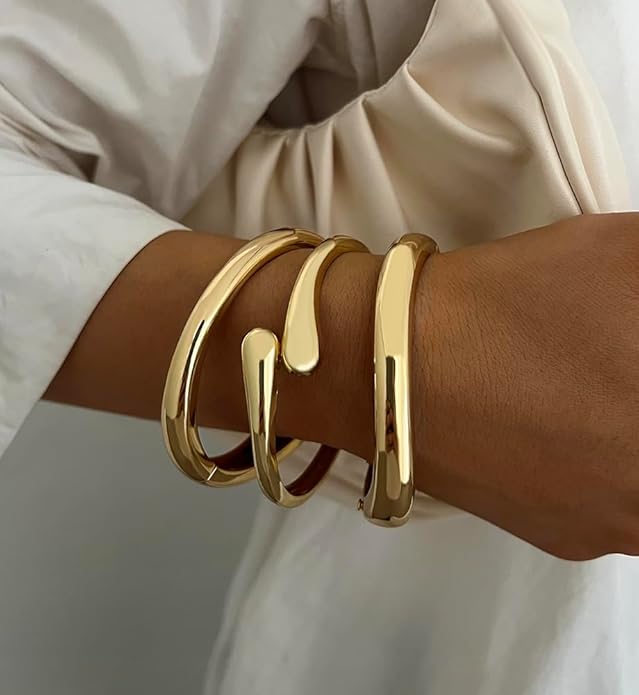 Chunky Gold Bangle Bracelets for Women, Dainty 14k Gold Plated Big Stackable Bangles Set, Trendy Statement Cuff Bracelet Stack Fashion Jewelry Christmas Gifts