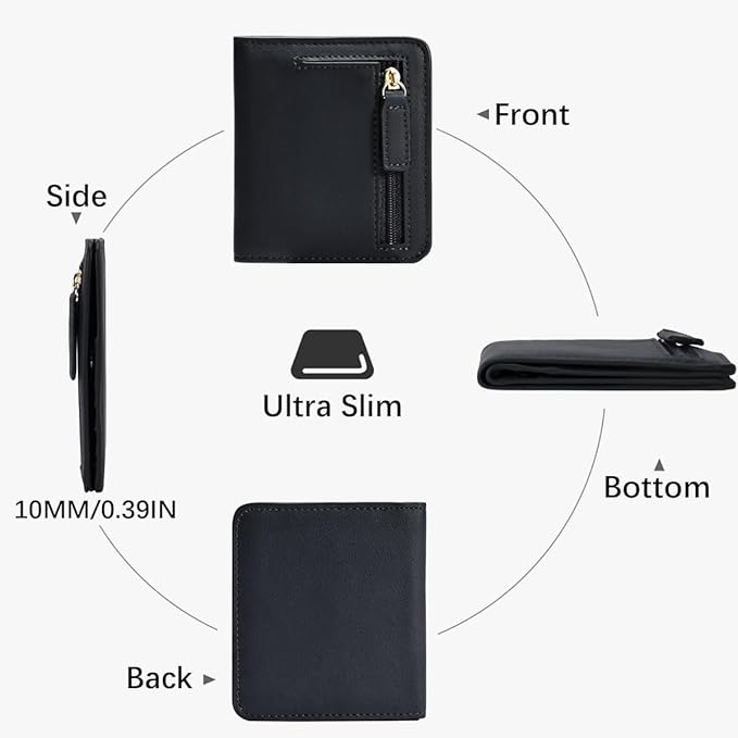 Genuine Leather Wallet for Women Slim Bifold RFID Blocking Secure with Zipper Closure and ID Window (White)