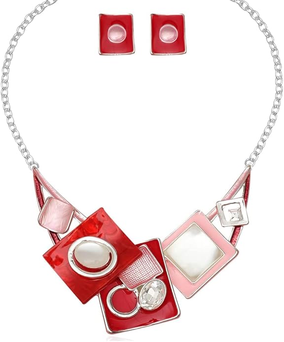 CSY Fashion Boho Oval Crystal Opals Statement Bib Necklace Earrings Bohemian Enamel Costume Jewelry Set Gifts for Women