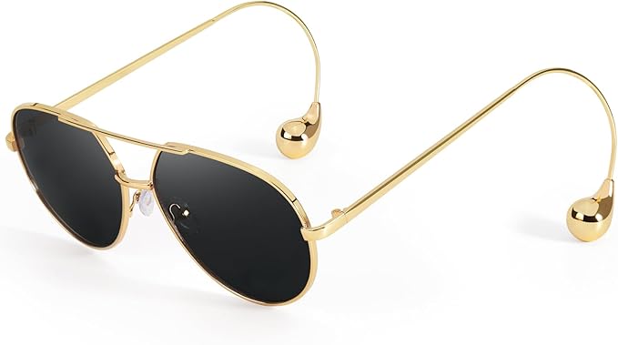 SODQW Trendy Aviator Sunglasses for Women with Earring Gold Metal Frame Fashion Sun Glasses