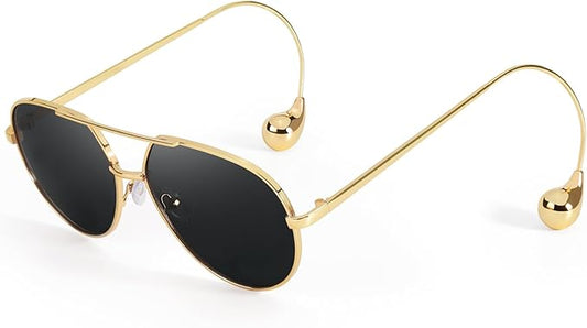 SODQW Trendy Aviator Sunglasses for Women with Earring Gold Metal Frame Fashion Sun Glasses