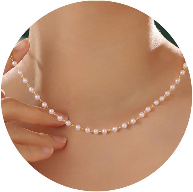 Yoosteel Pearl Necklace for Women - 14K Gold Plated Pearl Pendant Necklaces Minimalist Women Pearls Layered Necklace Dainty Trendy Bridal Bridesmaid Wedding Gifts for Her