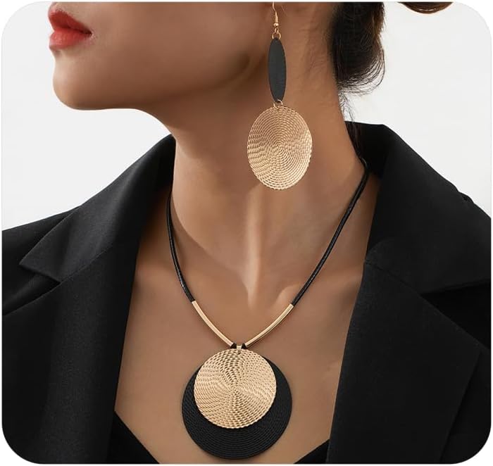 YOOESTORES82 Gold Disc Pendant Necklace Earrings Set Leather Cord Black Circle Statement Necklaces Geometric Textured Medallion Jewelry For Women Party Fashion