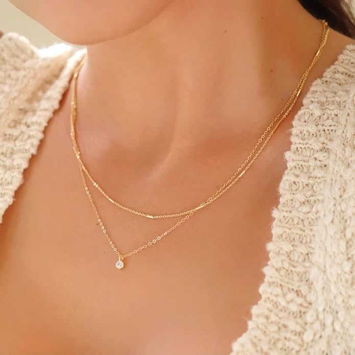 MIDEEO Christmas Gifts for Grandkids CZ Diamond Necklace for Women Dainty Layered Cubic Zirconia Solitaire Pendant Necklace Gold Plated Waterdrop Shape Square Emerald Green CZ Simulated Diamond Bridesmaid Necklace