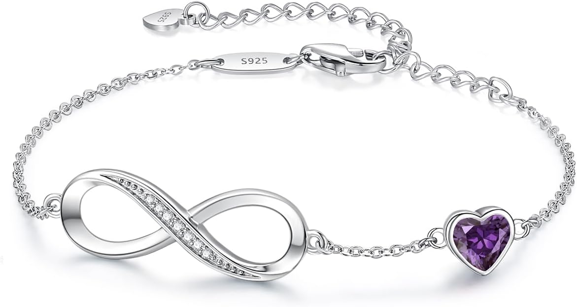 CDE Infinity Heart Birthstone Charm Link Bracelet for Women 925 Sterling Silver Adjustable Mother's Day Christmas Day Gift Anniversary Birthday Jewelry for Wife Girlfriend Her