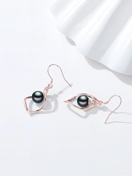 Tahitian Black Pearl AAAA 18K Gold Plated Sterling Silver Dangle Drop Earrings for Women Wife Mom Girlfriend Valentine Her Jewelry Gift for Anniversary Birthday Christmas