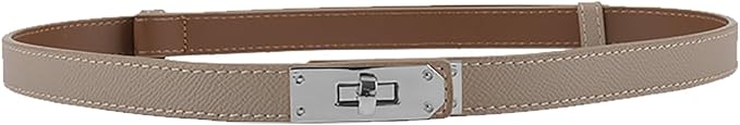 Women's Skinny Leather Belt with Adjustable Silver Turn-Lock Buckle - Ideal for Dresses, Jeans, and Coats, Black