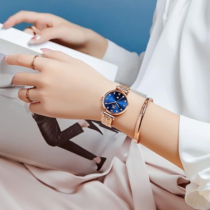 OLEVS Women Watches Simple Dress Ladies Watch Rose Gold Stainless Steel Watch Waterproof Quartz Date Luxury Diamond Small Wristwatch Fashion Analog Female Reloj Mujer Blue White Green Red Yellow Face