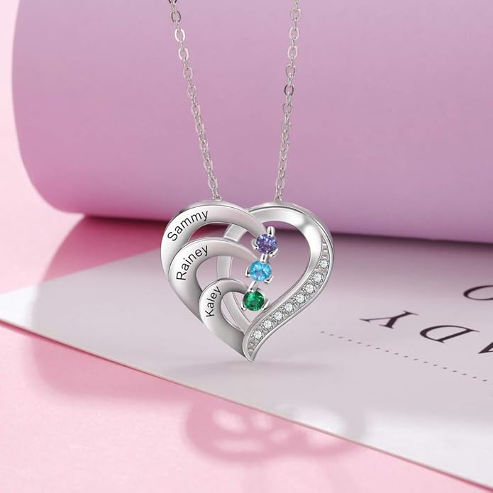 GLAMCARAT Personalized mothers necklace with birthstones names sterling silver jewelry for women customized engraved necklace